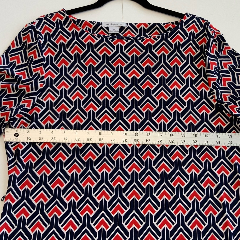 Liz Claiborne Dress XL Midi, Red White Blue Geometric Design, 3/4 Sleeves. - Picture 8 of 9